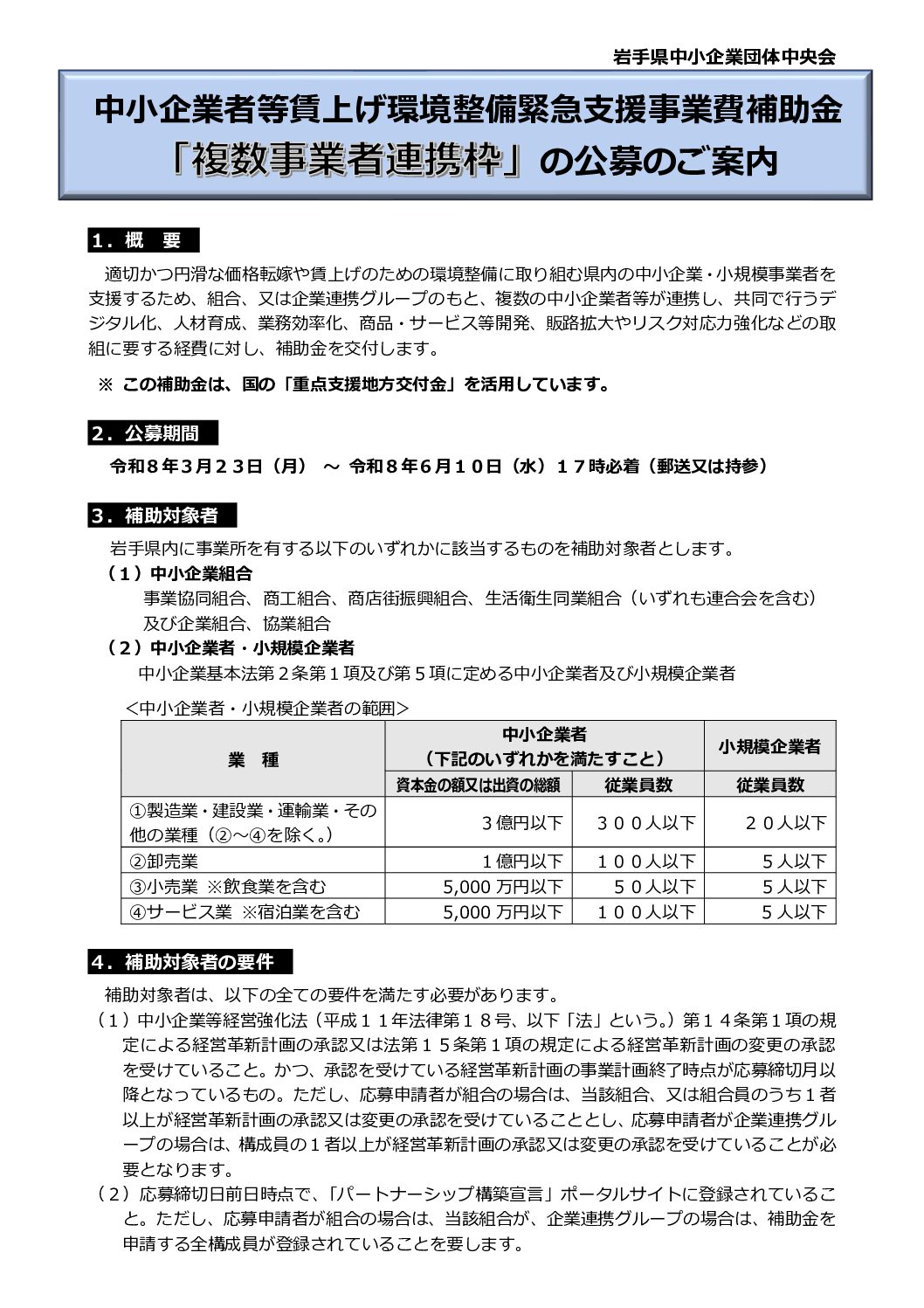 中小企業者等賃上げ環境整備緊急支援事業費補助金（複数事業者連携枠）の公募について